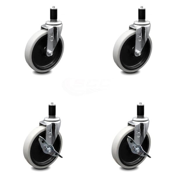 5 Inch Thermoplastic Wheel 1-1/2 Inch Expanding Stem Caster Set with 2 Brakes